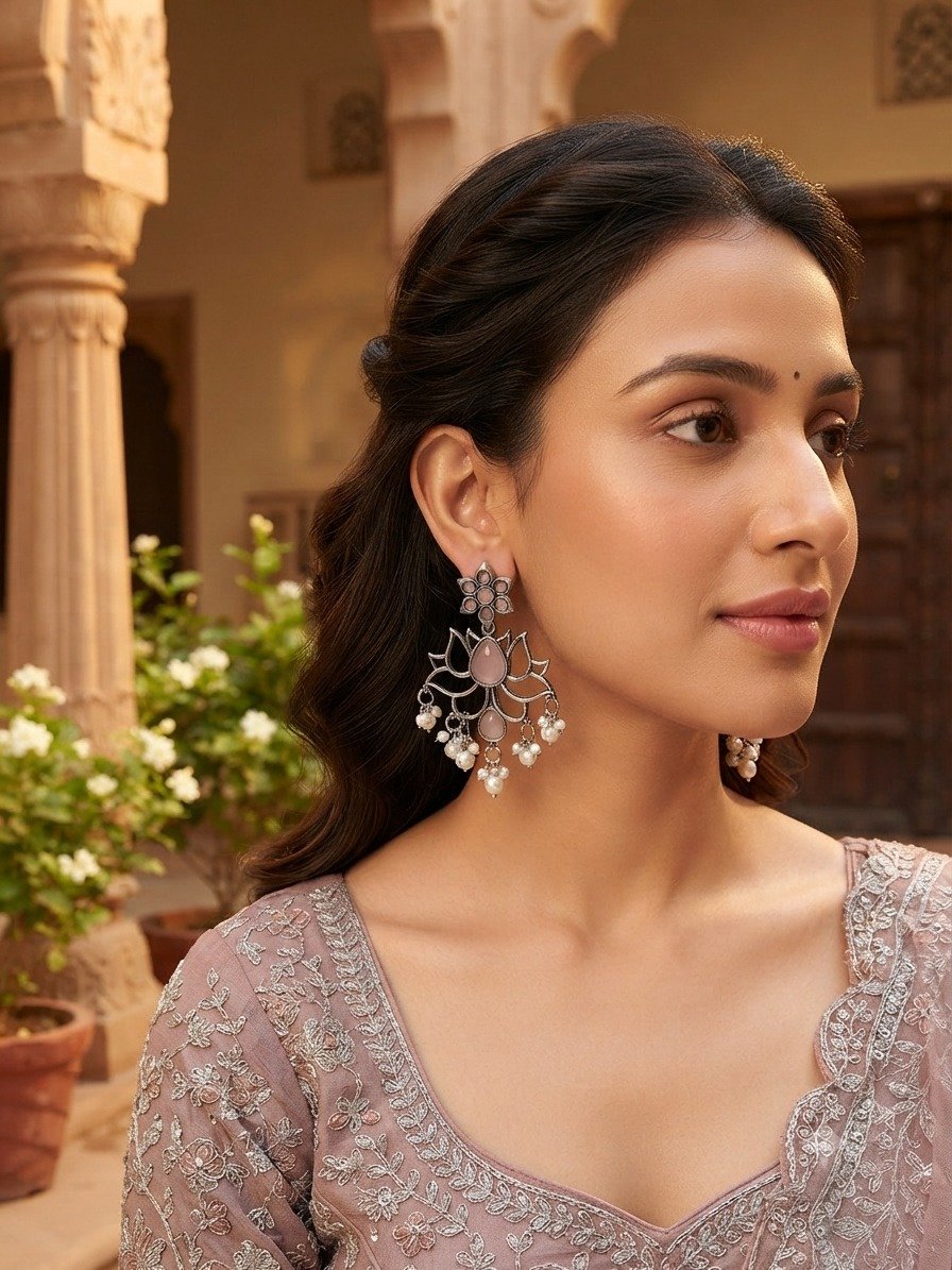 Oxidised Lotus pearl drop earrings